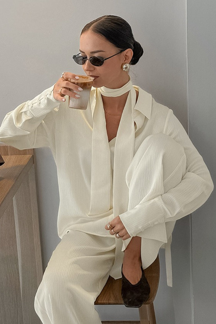 Effortless Chic Streamer Textured Shirt Pants Two-Piece