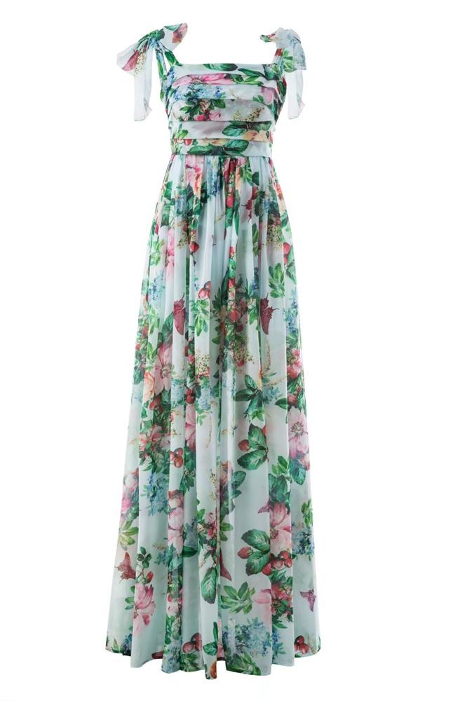 Floral Print Tie Shoulder Wide Strap Open Back Maxi Gown - View 3