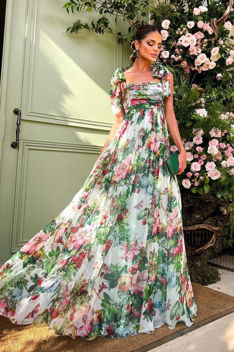 Floral Print Tie Shoulder Wide Strap Open Back Maxi Gown - View 2