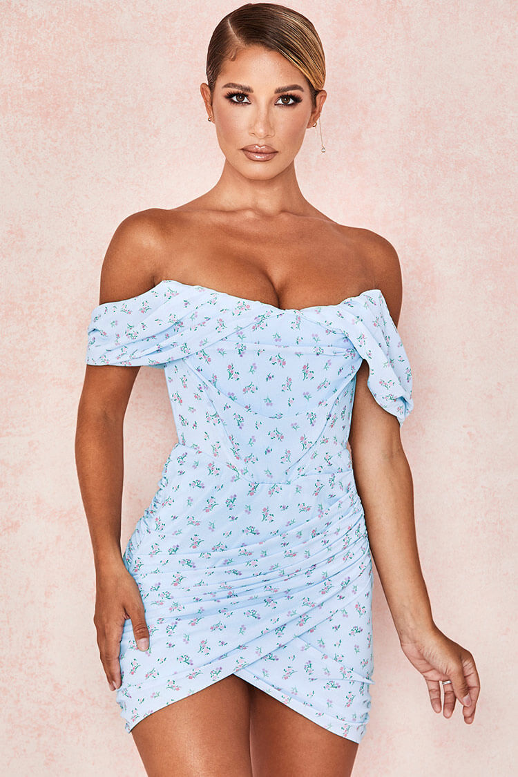 Floral Off Shoulder Ruched Wrap Bodycon Mini Dress
