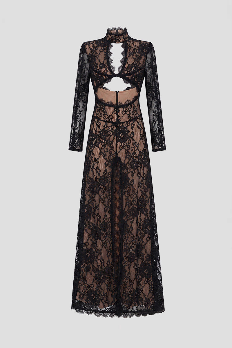 Lace High Neck Cut Out Long Sleeve High Split Maxi Gown - View 3