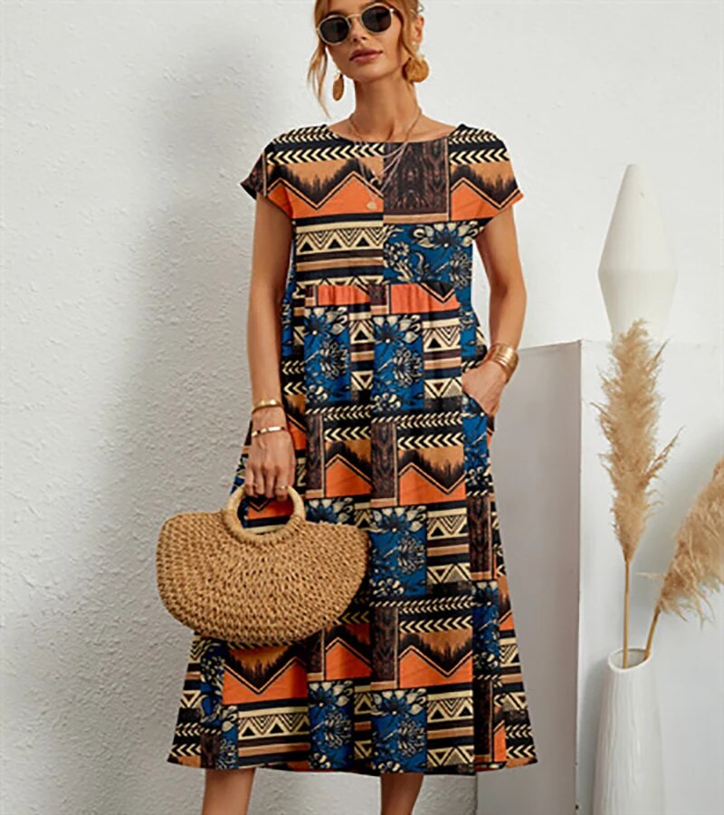 Floral Print A-Line Short Sleeve Maxi Dress - View 4