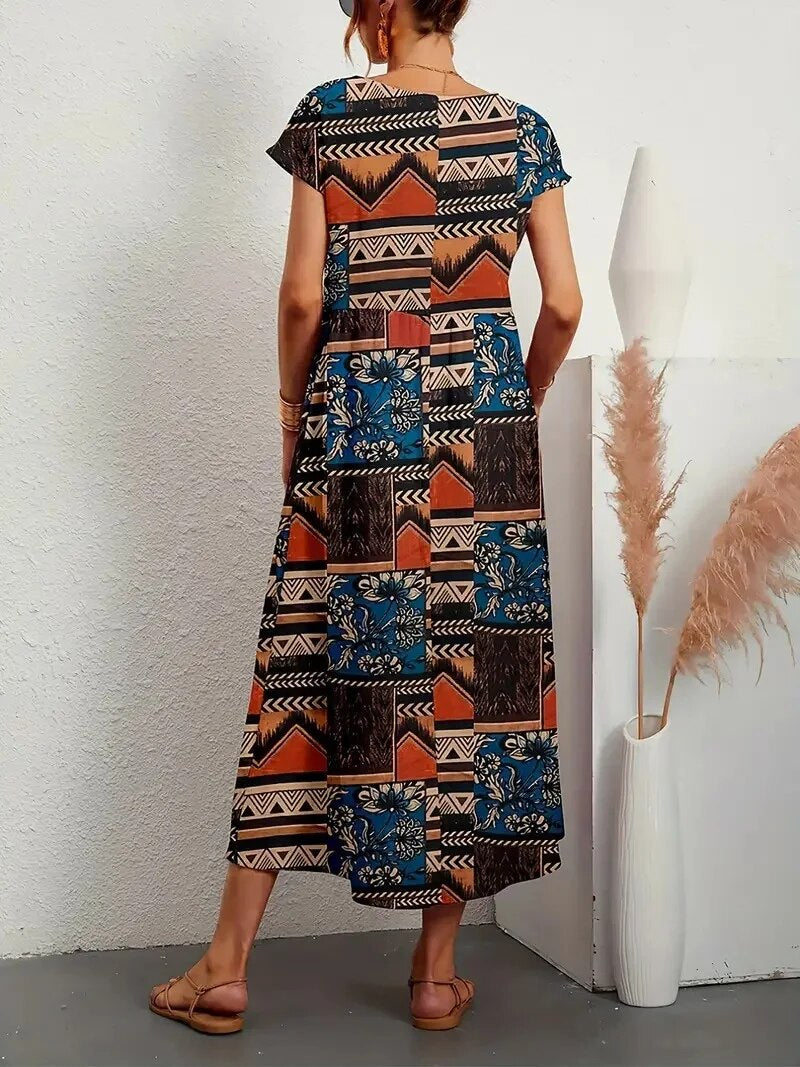Floral Print A-Line Short Sleeve Maxi Dress - View 5