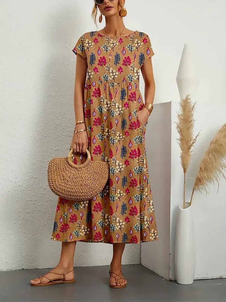 Floral Print A-Line Short Sleeve Maxi Dress - View 2