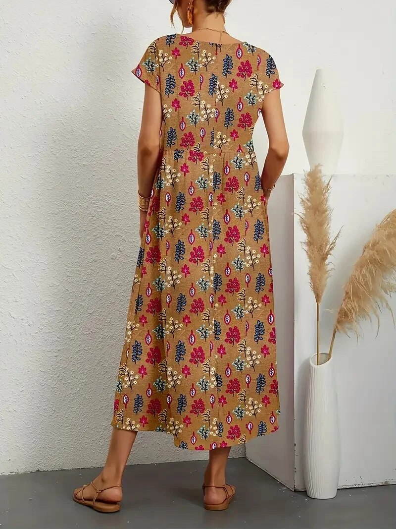 Floral Print A-Line Short Sleeve Maxi Dress - View 3