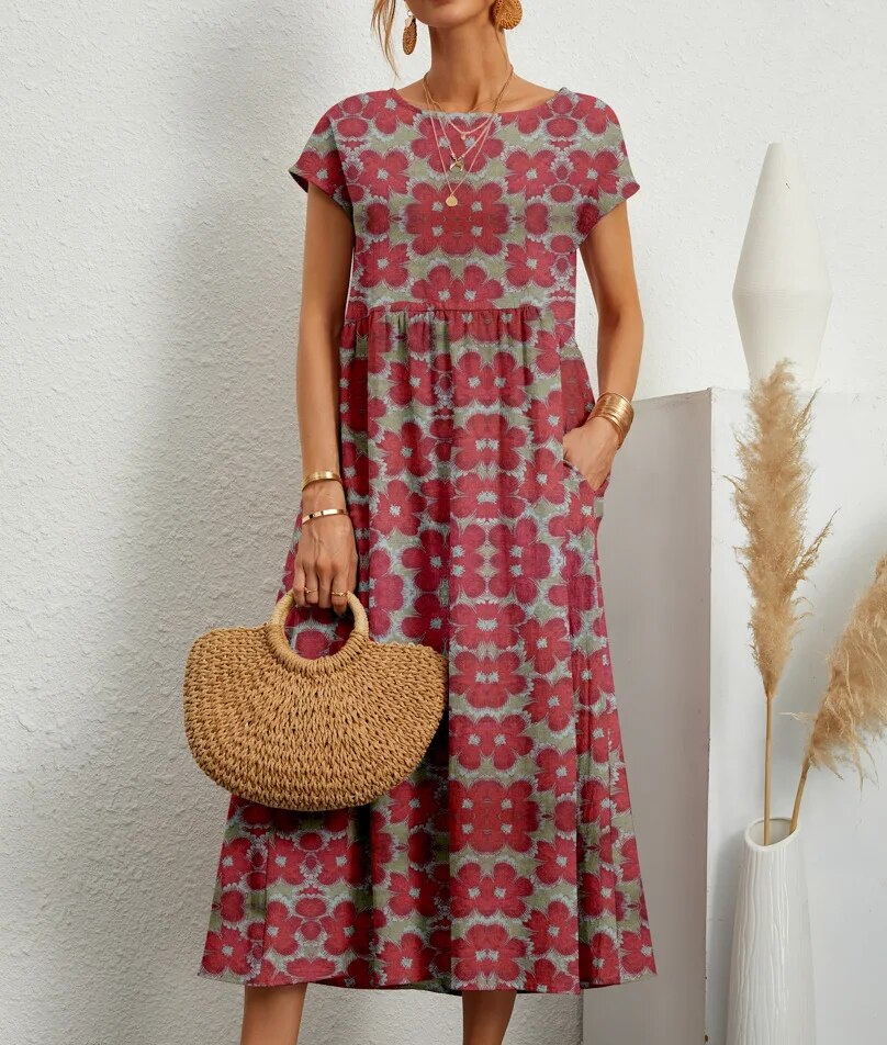 Floral Print A-Line Short Sleeve Maxi Dress - View 8
