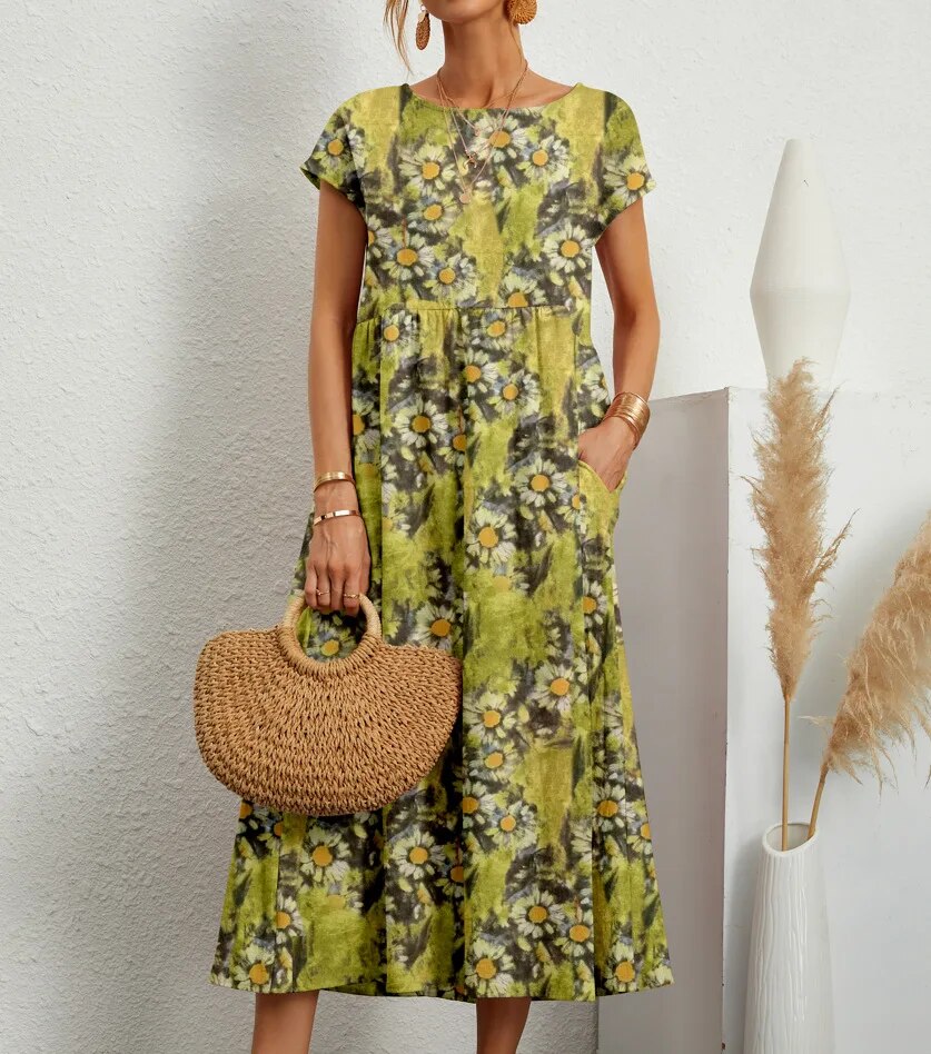 Floral Print A-Line Short Sleeve Maxi Dress - View 6