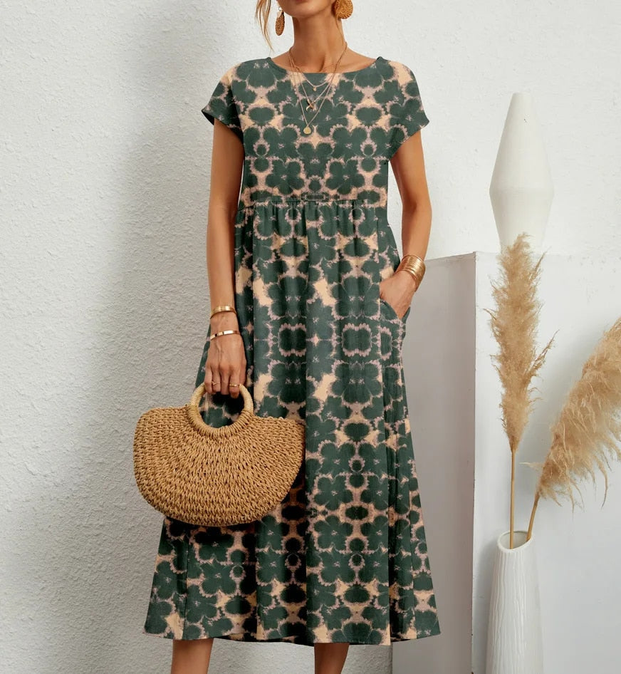 Floral Print A-Line Short Sleeve Maxi Dress - View 7