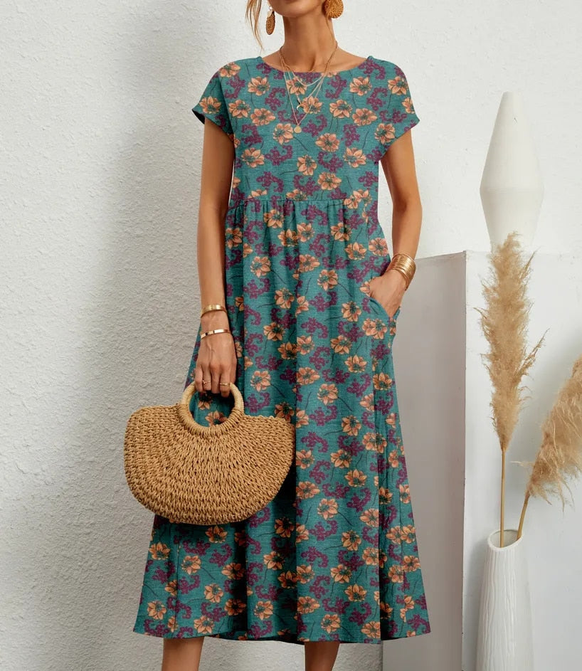 Floral Print A-Line Short Sleeve Maxi Dress - View 9