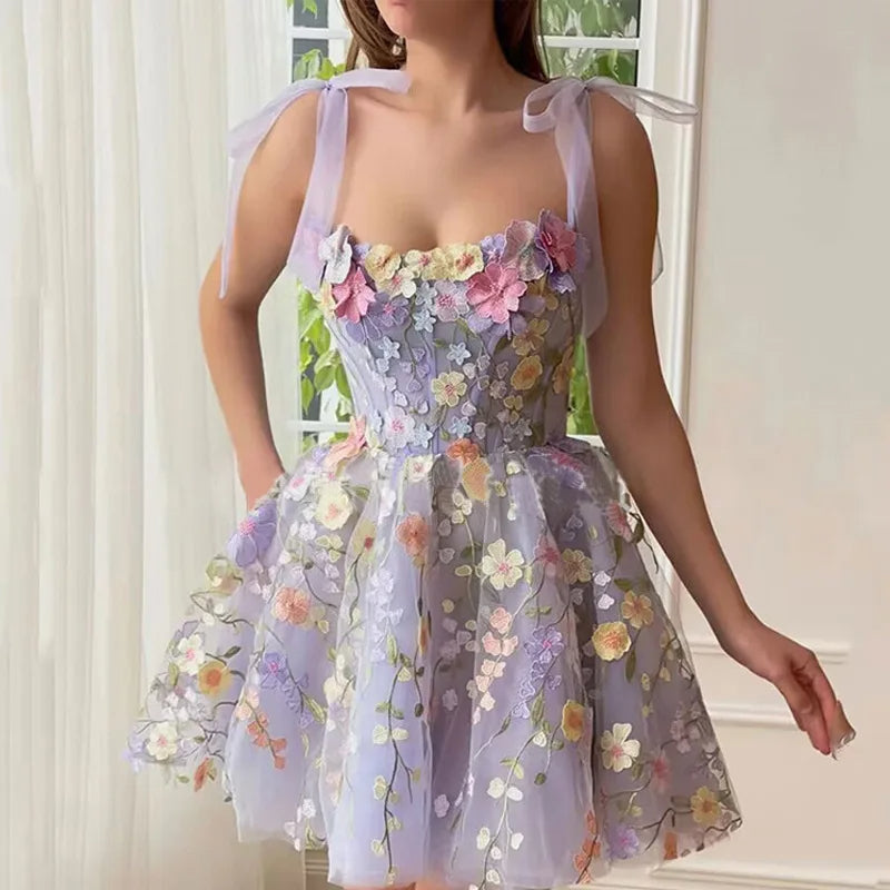 Floral Appliqué Corset Bodice Ribbon A-Line Mini Cocktail Dress - View 3