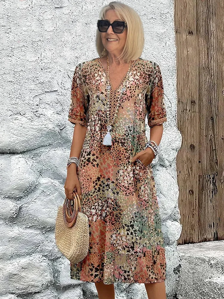 Abstract Print V-Neck Short Sleeve Tiered Midi Dress 6