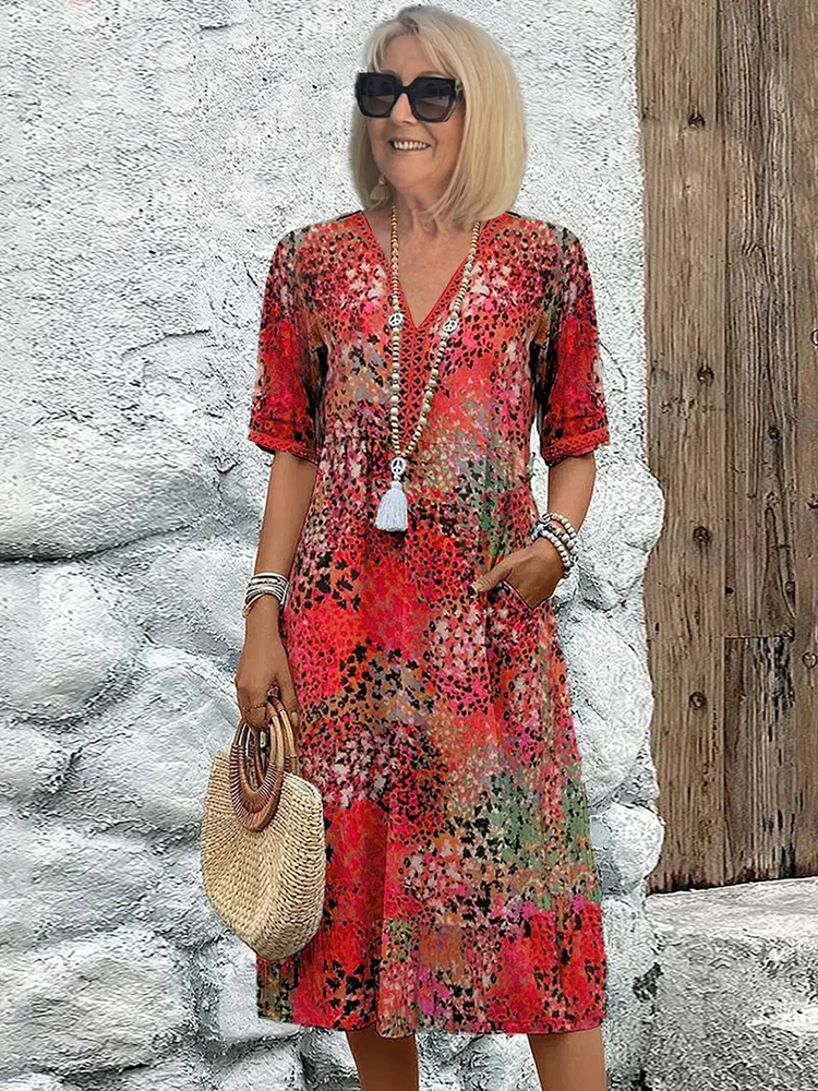 Abstract Print V-Neck Short Sleeve Tiered Midi Dress 3