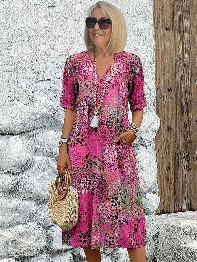 Abstract Print V-Neck Short Sleeve Tiered Midi Dress 4