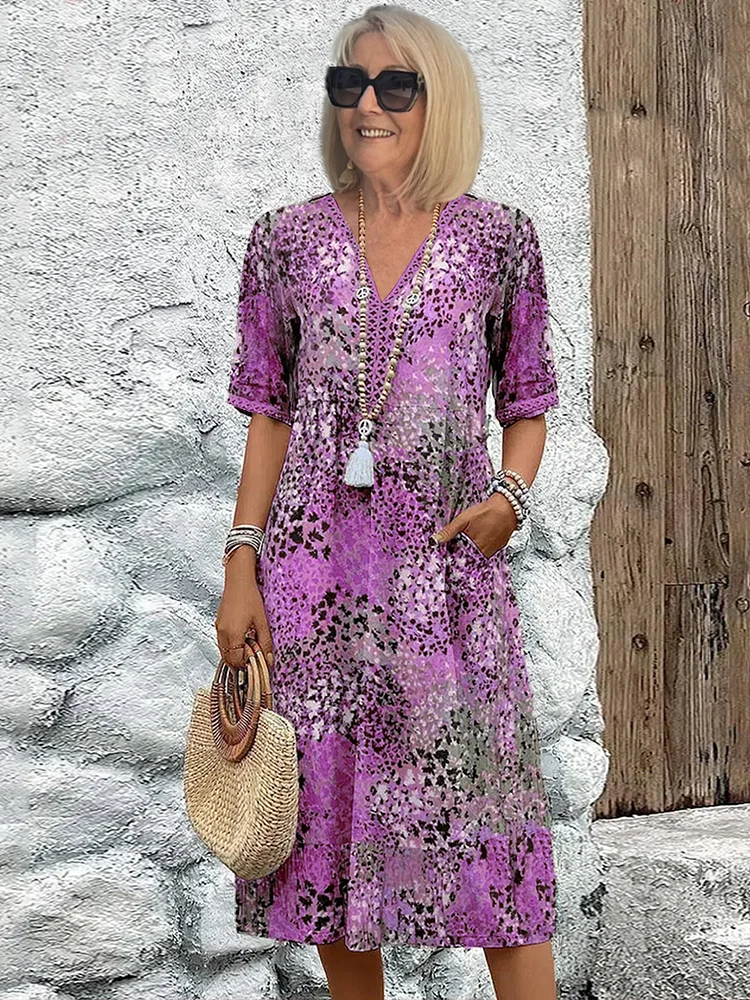 Abstract Print V-Neck Short Sleeve Tiered Midi Dress 5