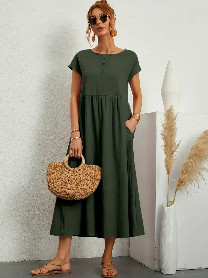 Crew Neck Cap Sleeve Empire Waist Pocket A-Line Midi Smock Dress