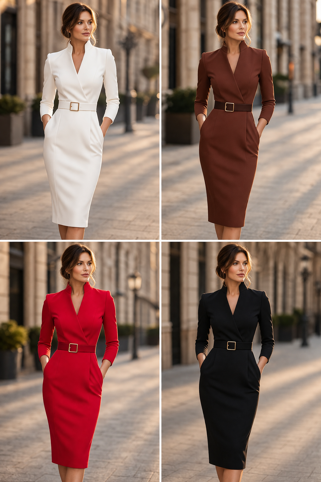 Stand Collar Wrap Front Belted Long Sleeve Midi Pencil Dress 11