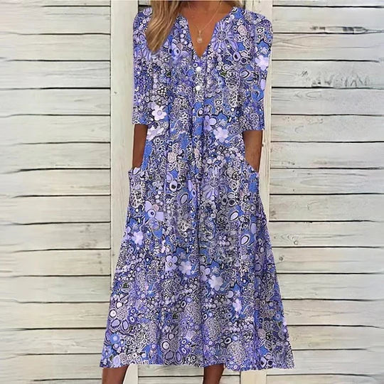 Floral V-Neck Button Front Pocket Tiered Midi Dress - View 2