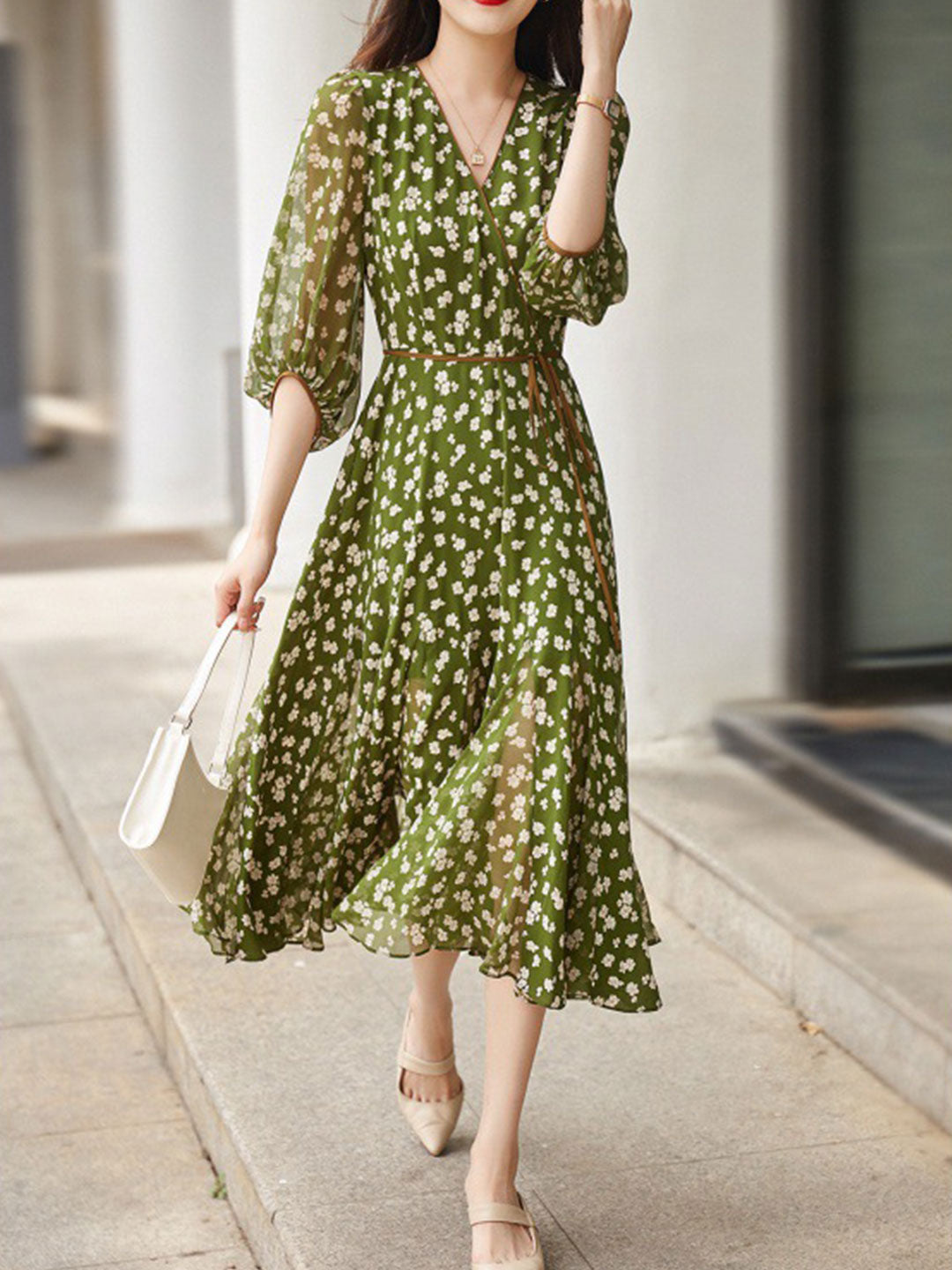 Floral Print Wrap V-Neck Puff Sleeve Tie Waist Dress - View 11