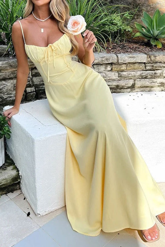 Satin Spaghetti Strap Sweetheart Tie Front Mermaid Maxi Dress