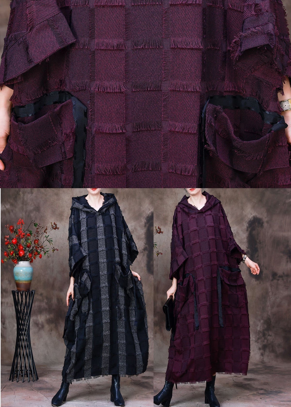 Hooded Patchwork Frayed Edge Pocket Drop Shoulder Maxi Dress - View 5