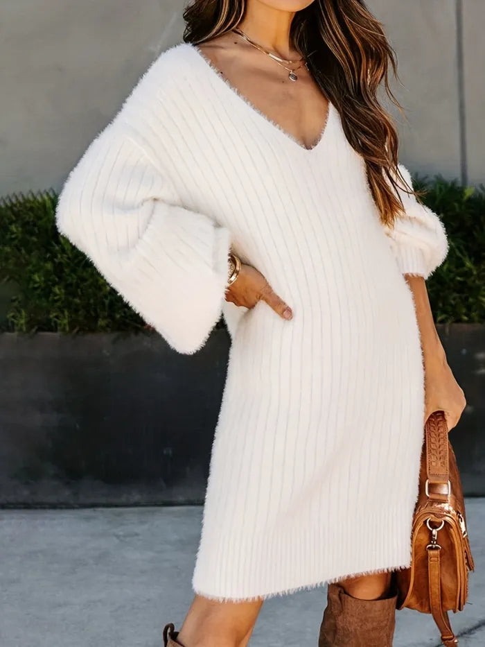 Eyelash Rib Knit V-Neck Long Bell Sleeve Mini Sweater Dress - View 3
