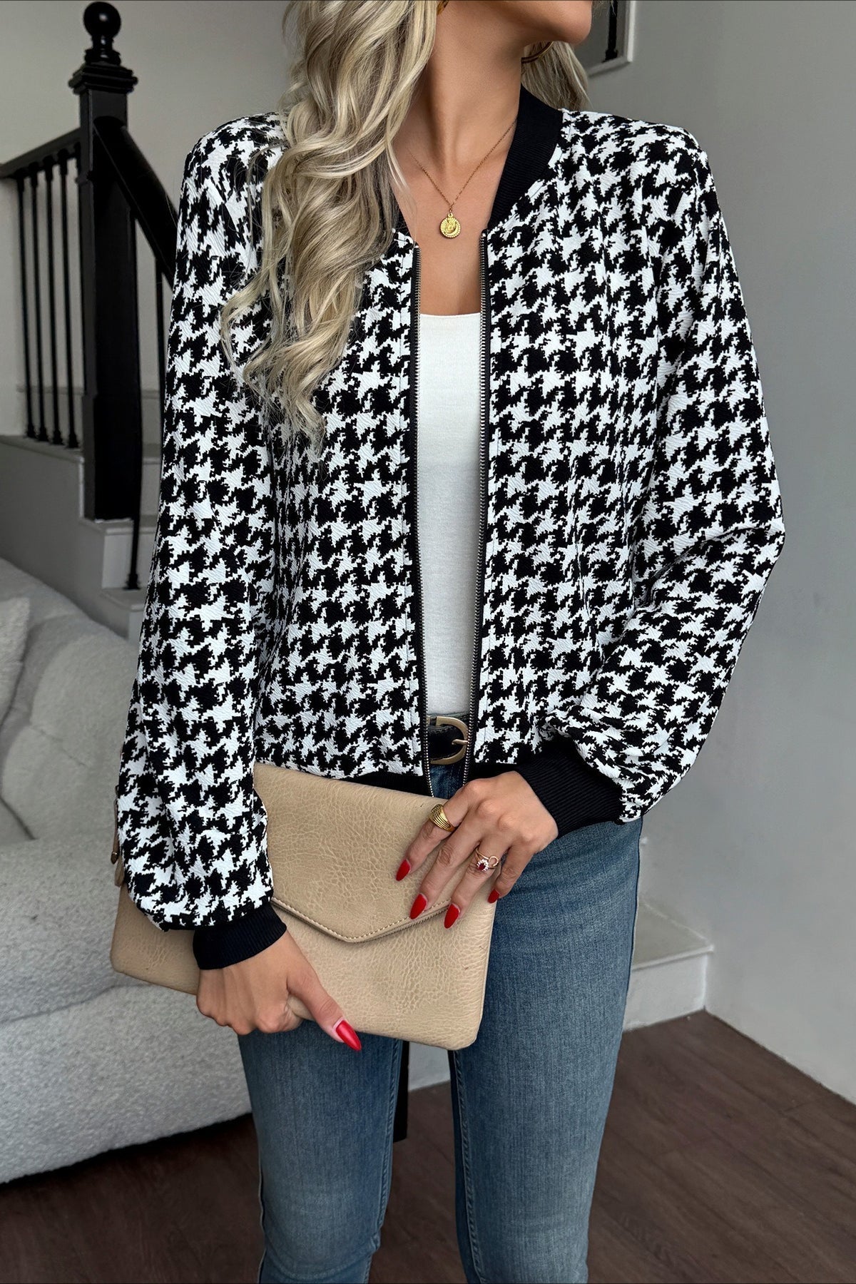 Long Sleeve Houndstooth Fitted Jacket