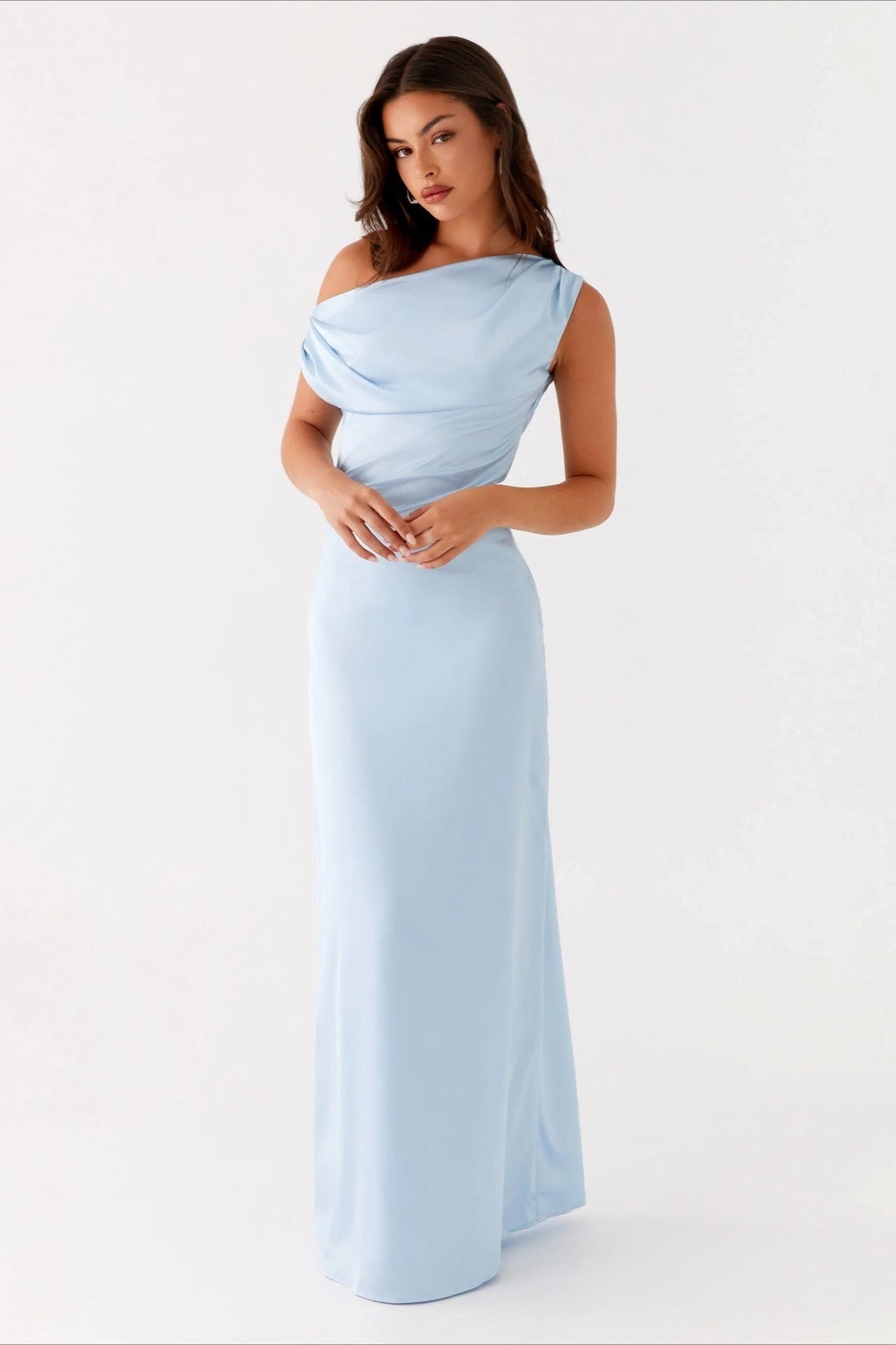 Satin Asymmetric One Shoulder Ruched Maxi Gown