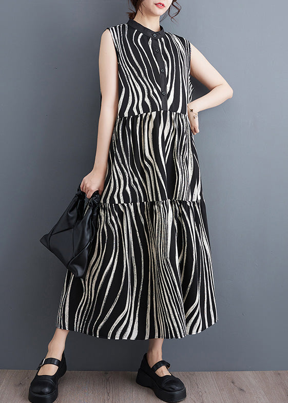 Wavy Stripe Print Band Collar Button Front Tiered Maxi Dress - View 3