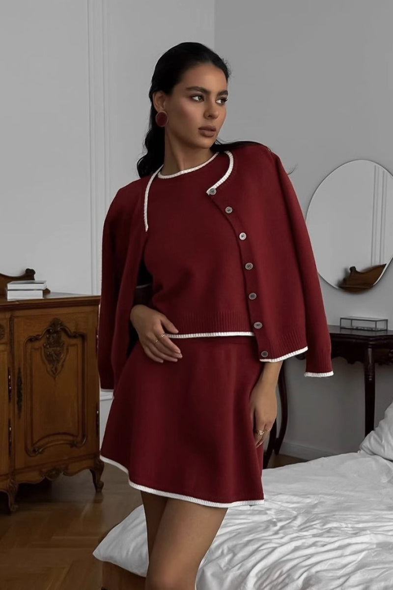 Loose Fit Tweed Cardigan Skirt Knit Set