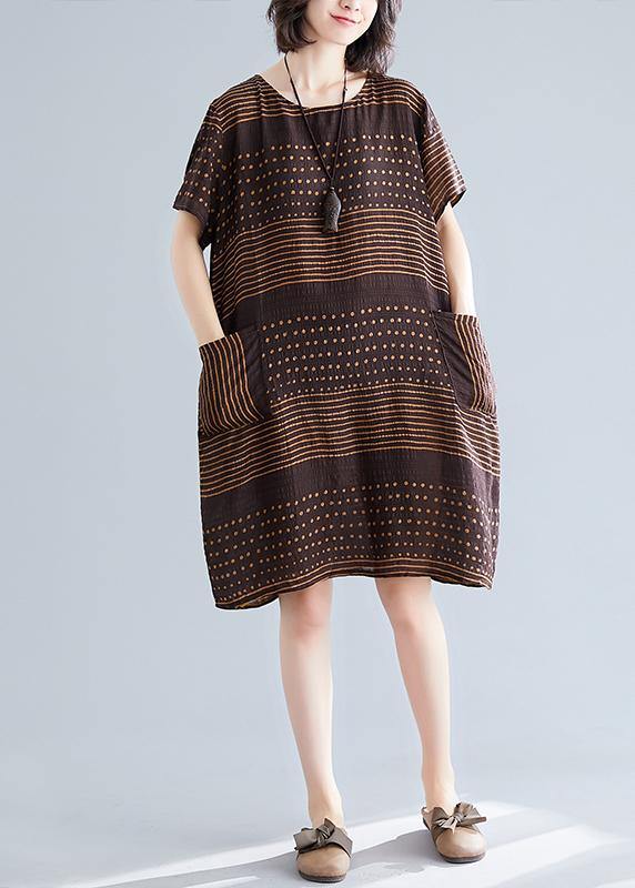 Polka Dot Stripe Round Neck Pocket Short Sleeve Shift Dress - View 3
