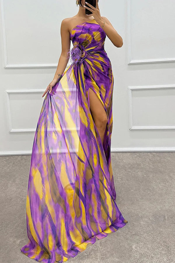 Renee Off Shoulder Watercolor Feather Maxi Dress - View 16