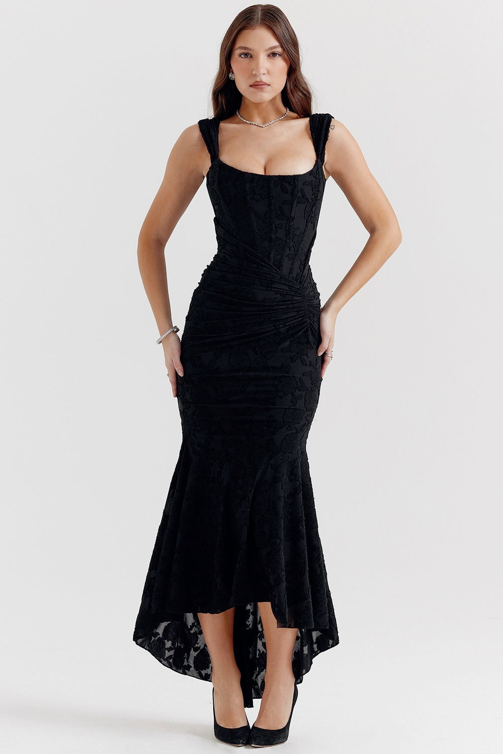 Velvet Square Neck Ruched Waist Lace Midi Dress - View 3
