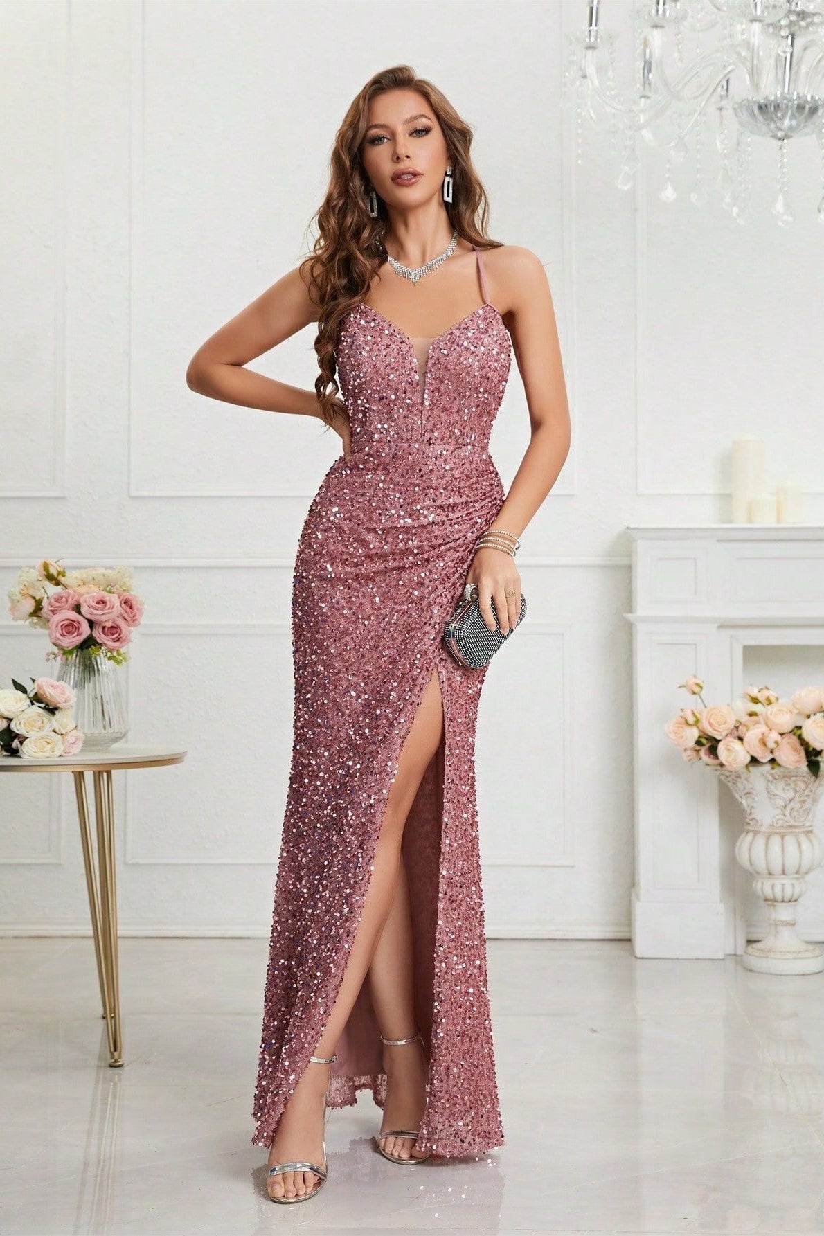 Sequin Spaghetti Strap V-Neck High Split Ruched Maxi Prom Dress