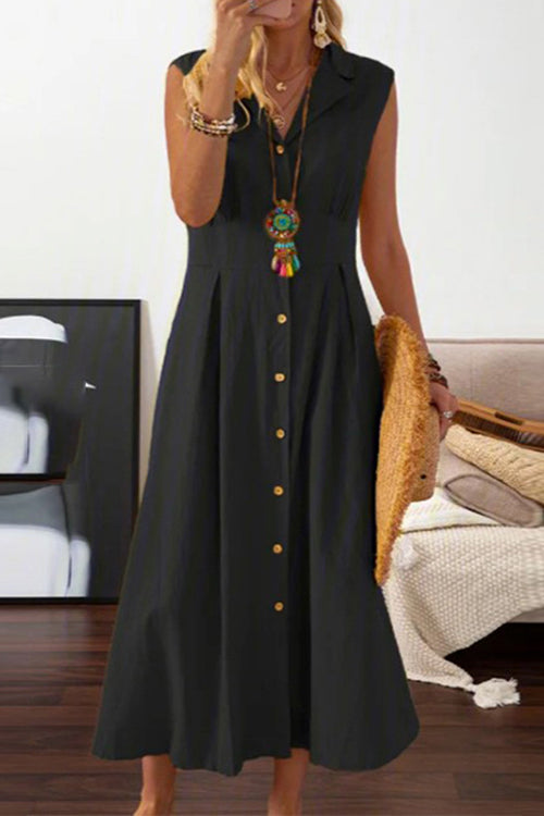 V-Neck Lapel Collar Sleeveless Button Front A-Line Midi Dress - View 4