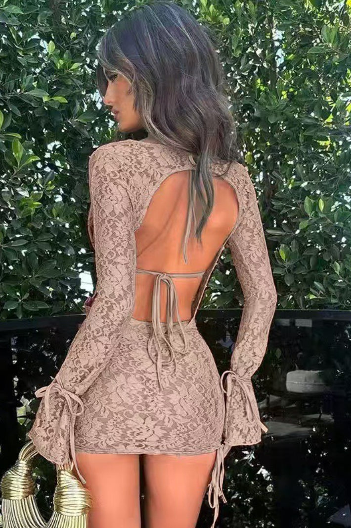 Solid Tie Lace Long Sleeve Skirt Two Piece Set