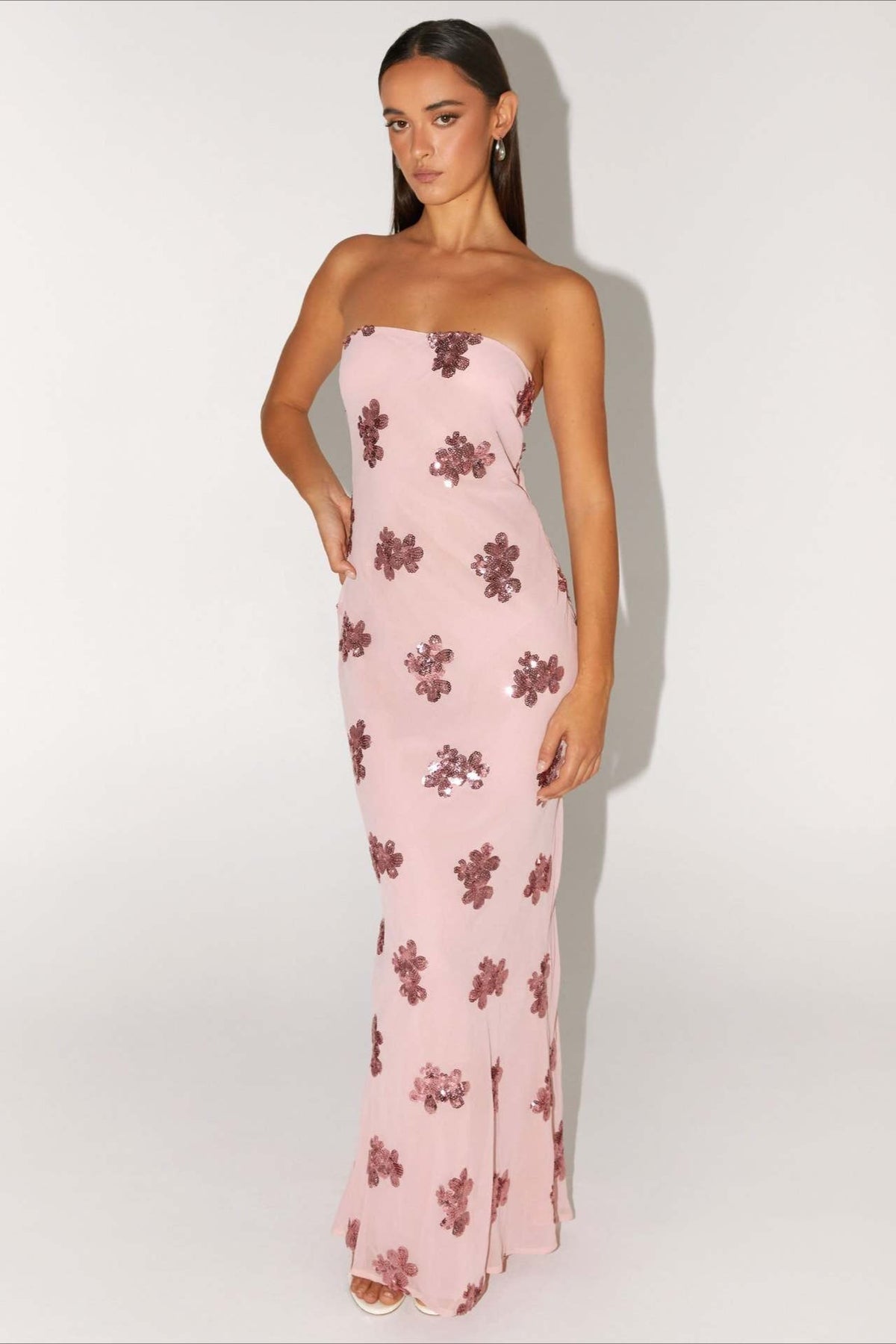 Floral Sequin Strapless Slip Maxi Gown - View 6