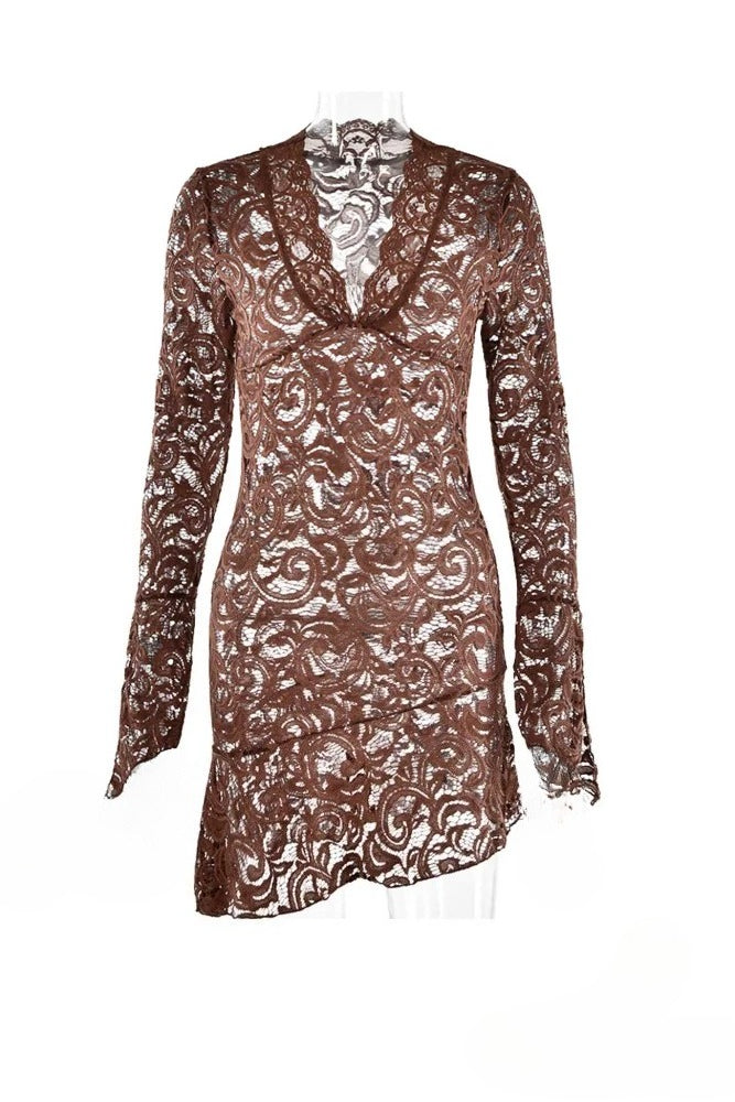 Lace Deep V-Neck Bell Sleeve Asymmetric Ruffle Hem Bodycon Mini Dress - View 6