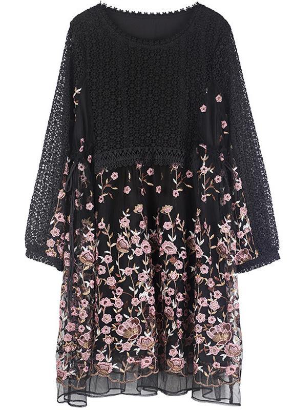 Lace Bodice Floral Embroidered Mesh Long Sleeve Mini Dress - View 5