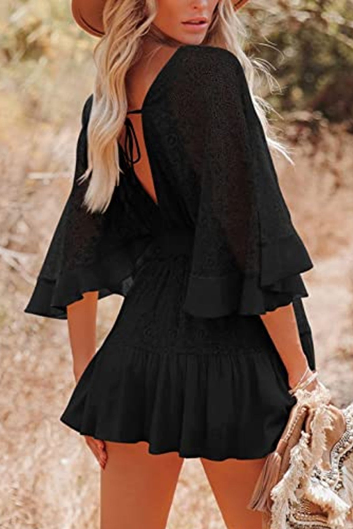 Lace V-Neck Flutter Sleeve Smocked Waist Tiered Ruffle Mini Dress 7