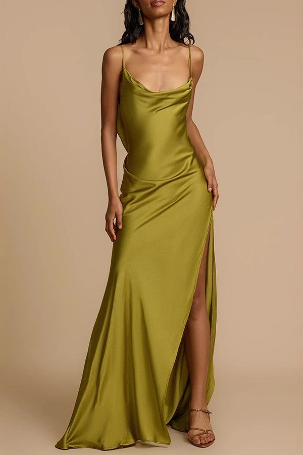 Satin Cowl Neck Spaghetti Strap High Split Column Slip Maxi Gown - View 2