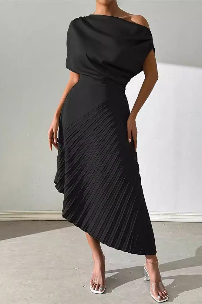Satin One Shoulder Ruched Pleated Asymmetric Midi Dress - View 5