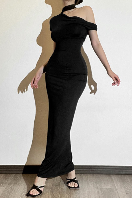Velvet One Shoulder Choker Neck Bodycon Midi Party Dress - View 7