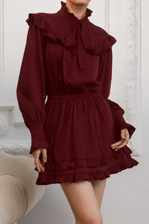Elegant Bow Tie Lace Up Long Sleeve A Line Mini Dress
