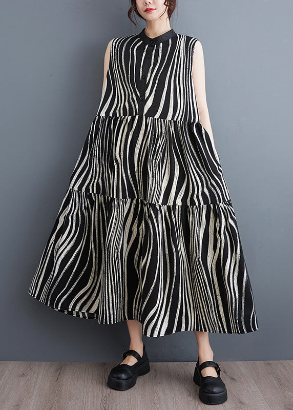 Wavy Stripe Print Band Collar Button Front Tiered Maxi Dress