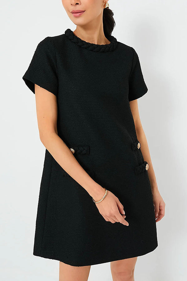 Tweed Braided Trim Faux Pocket Metallic Button Shift Mini Dress - View 3