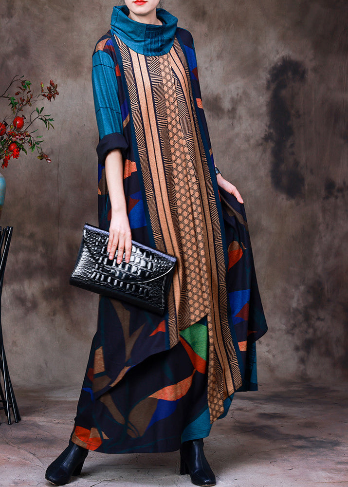 Geometric Patchwork Cowl Neck Long Sleeve Asymmetric Maxi Dress - View 3