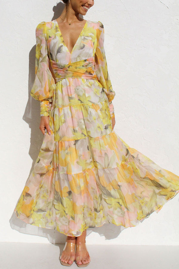 Abstract Floral Print Deep V-Neck Bishop Sleeve Tiered Maxi Dress - View 2