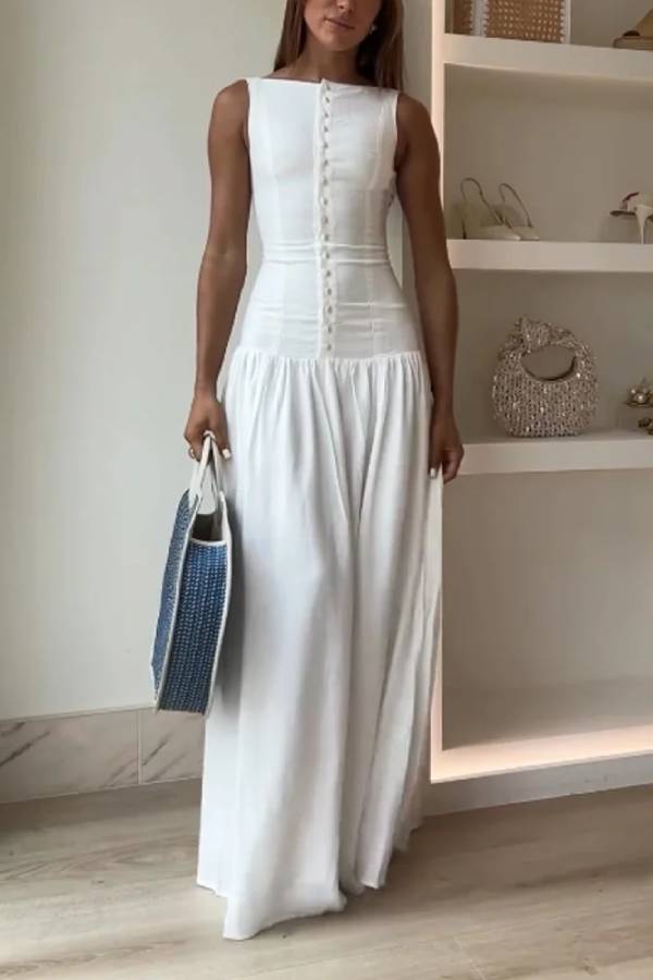 Sleeveless Boat Neck Button Down Drop Waist Gathered Maxi Dress