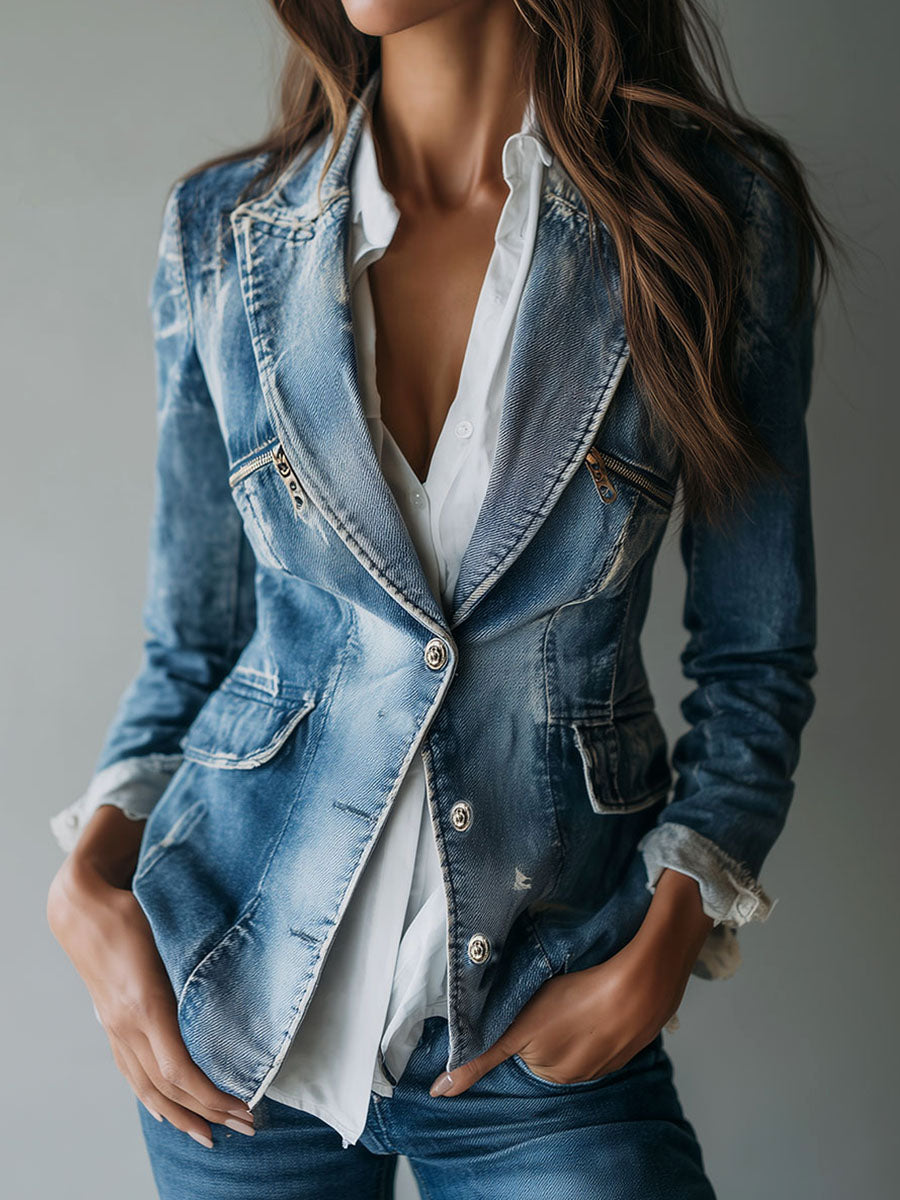 Notch Lapel Single Button Washed Denim Blazer