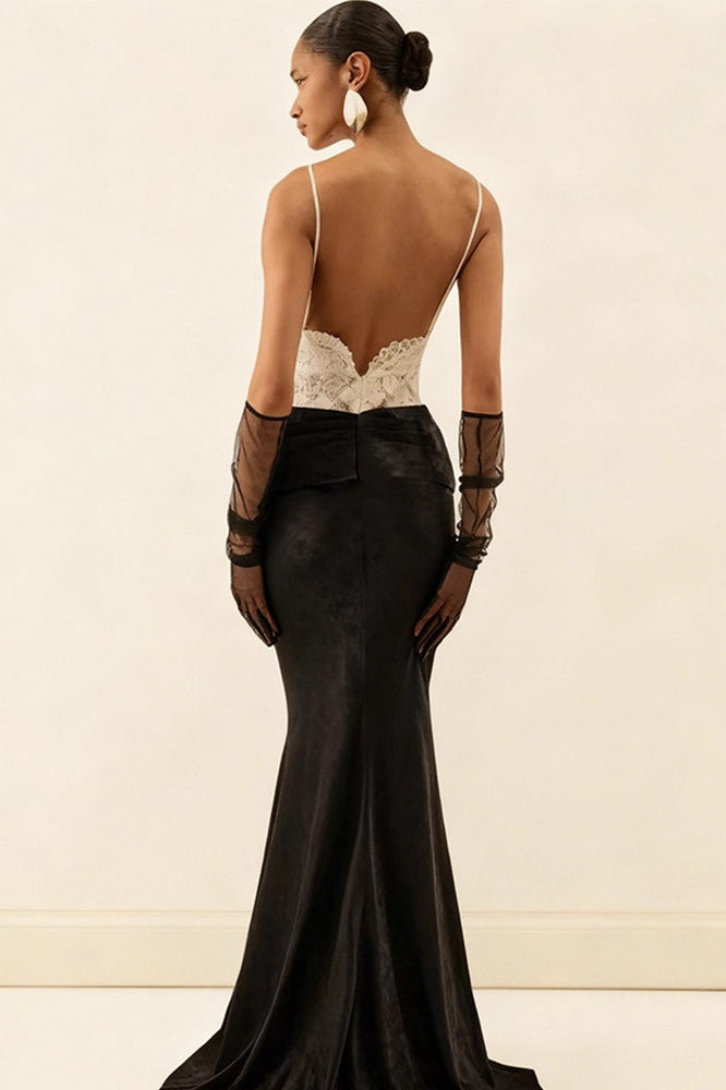 Lace Bustier Spaghetti Strap Satin Mermaid Dress - View 3